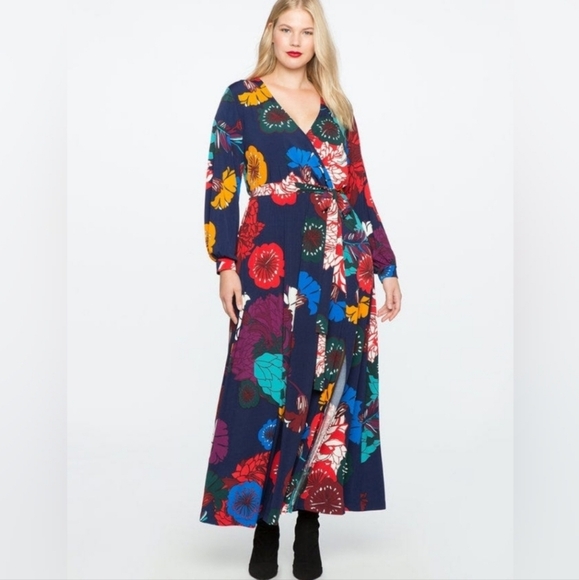 ELOQUII - Faux Wrap Havana Floral Maxi Dress With Side Slit - Plus Size 18 - Picture 13 of 13